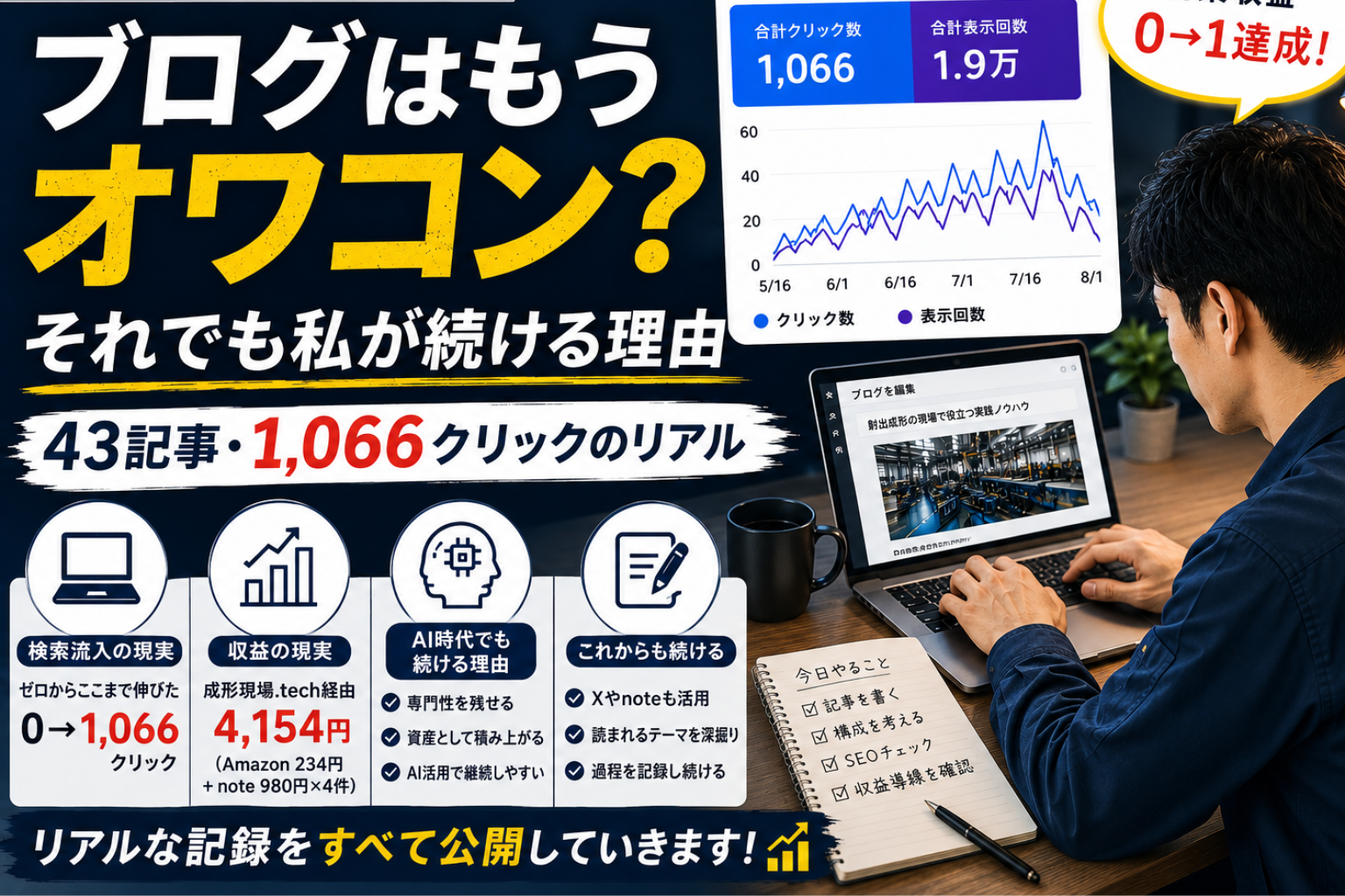 副業ブログはもうオワコン？それでも私が続ける理由をテーマに、43記事・1,066クリック・4,154円の実績と、検索流入・AI活用・専門性を活かしてブログを続ける理由を紹介するアイキャッチ画像