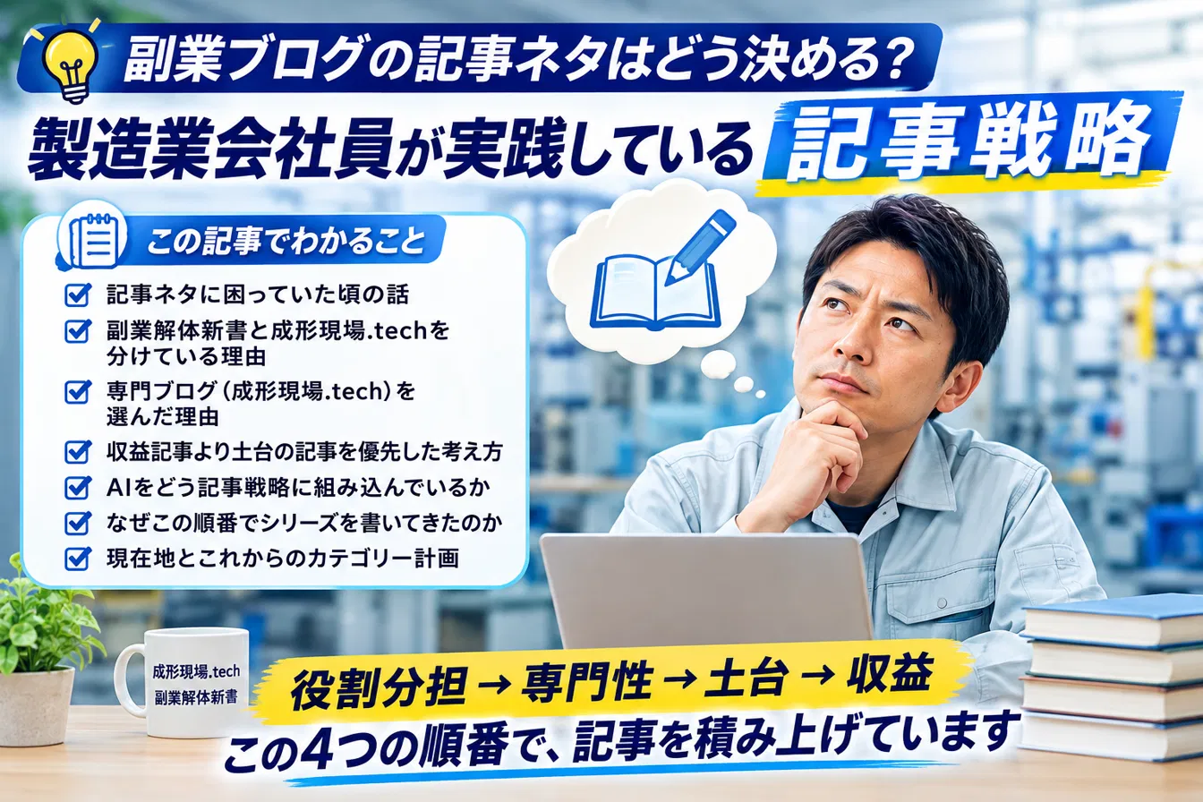 製造業会社員が実践する副業ブログの記事戦略、役割分担・専門性・土台・収益の4つの順番で記事を積み上げる考え方を解説