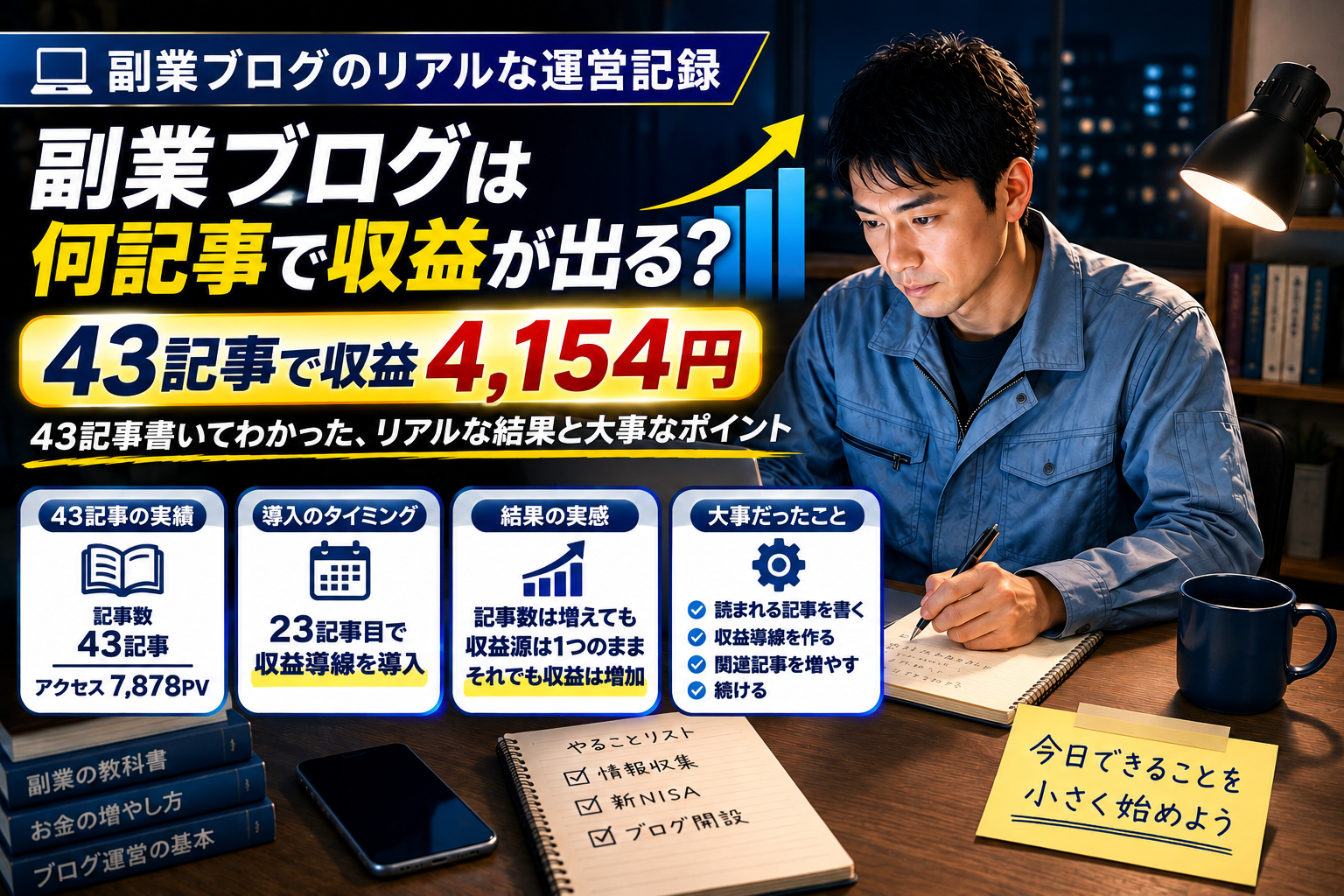 製造業会社員が副業ブログを43記事運営して得た収益とアクセス数をもとに、記事数と収益の関係や収益導線の重要性を解説するアイキャッチ画像。