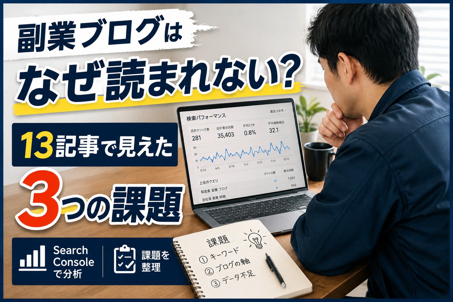 副業ブログが読まれない理由を分析する製造業会社員。Search Consoleのデータを確認し、13記事公開時点で見えた3つの課題を整理している様子